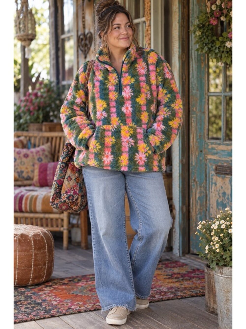 Natural Life Womens Coziest Sweatshirt Sz Large XL Green Floral Fleece 1/4 Zip - Picture 7 of 7